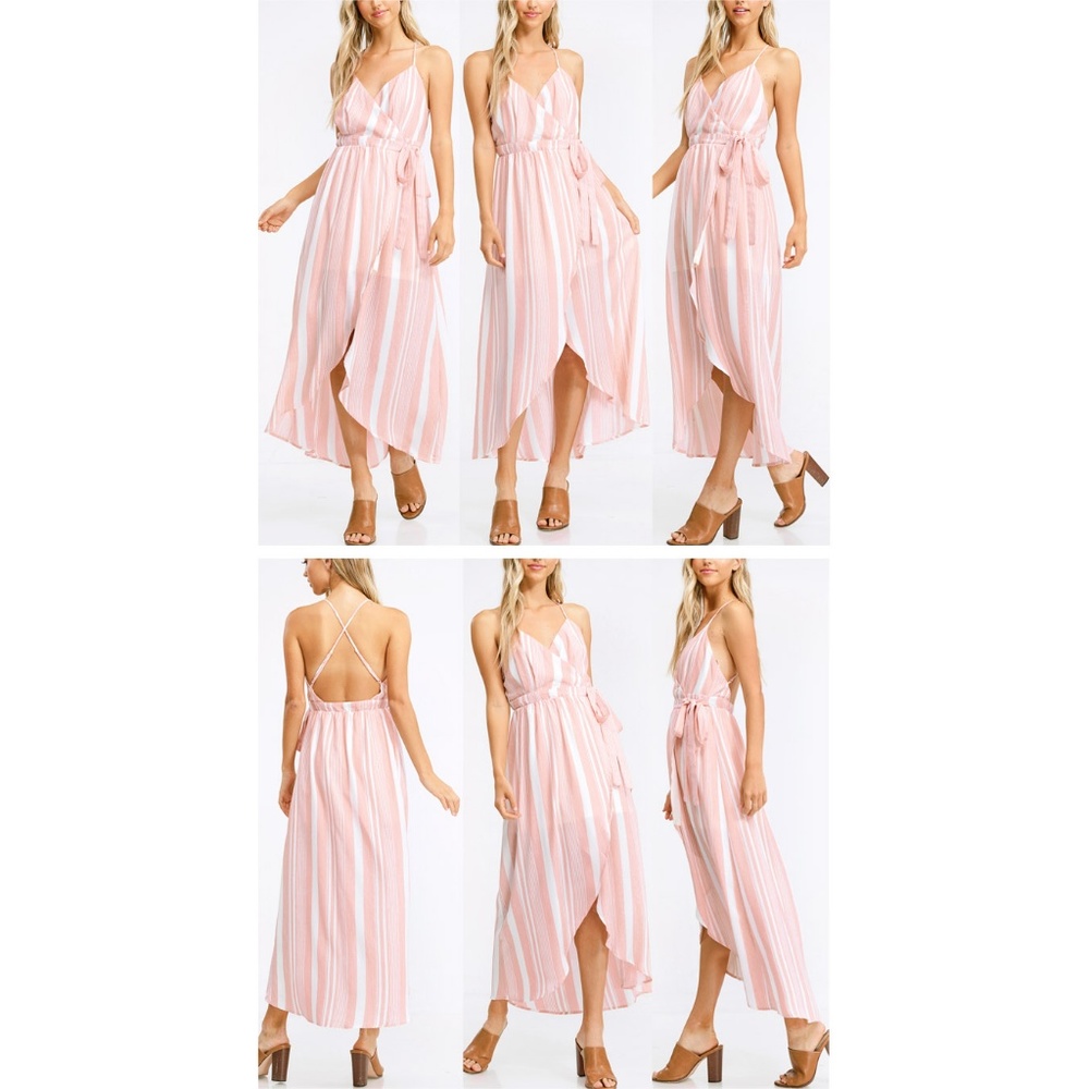 Restock✨Pink Stripe Backless HiLow Midi Wrap Dress - Picture 7 of 8
